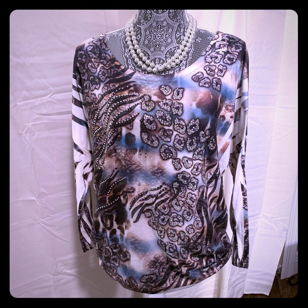 Leopard & zebra stripe top with rhinestones